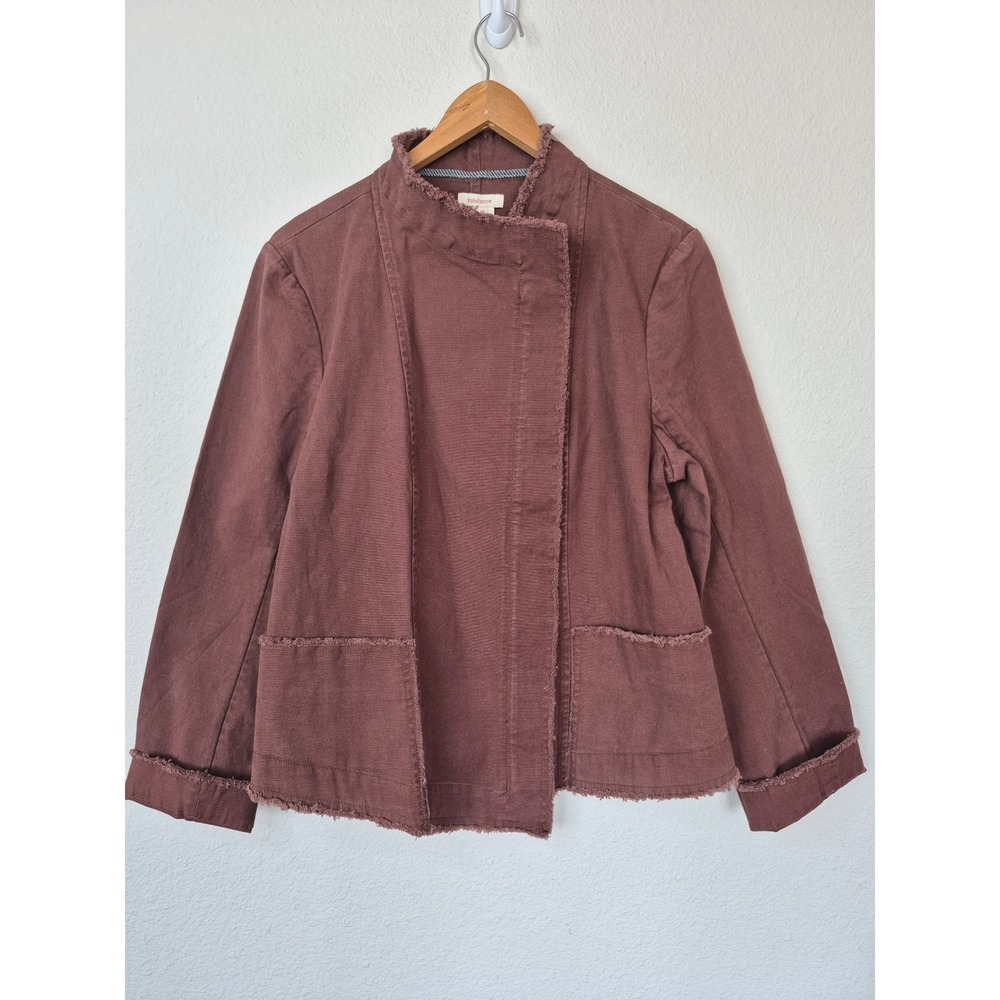 Sundance Brown Mauve Asymmetrical Zip Raw Edge Utility Jacket Size 14